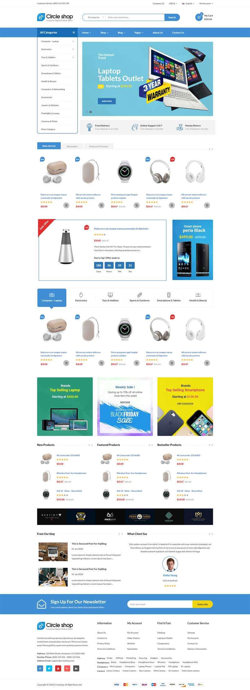 蓝色html5响应式电子数码产品销售商城网站模板
